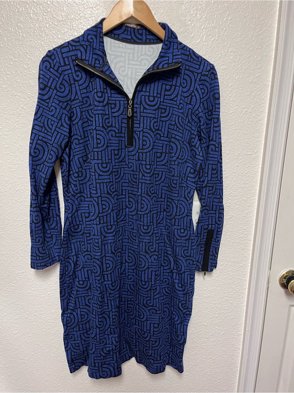 J. McLaughlin Bedford Dress Blue Geometric 1/4 Zip Stretch Long Slv Sz L